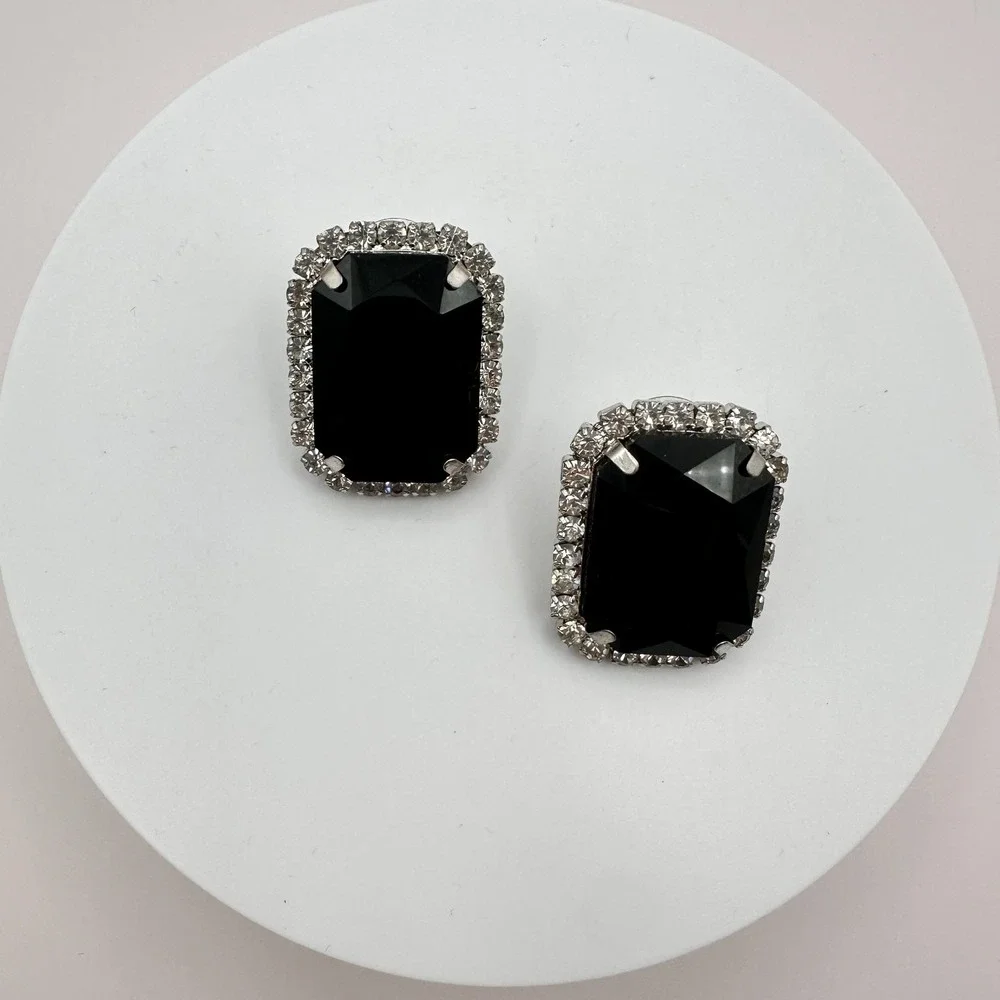 Vintage 90s Silver Tone Black Onyx Clear Rhinestone Stud Earrings Jewelry